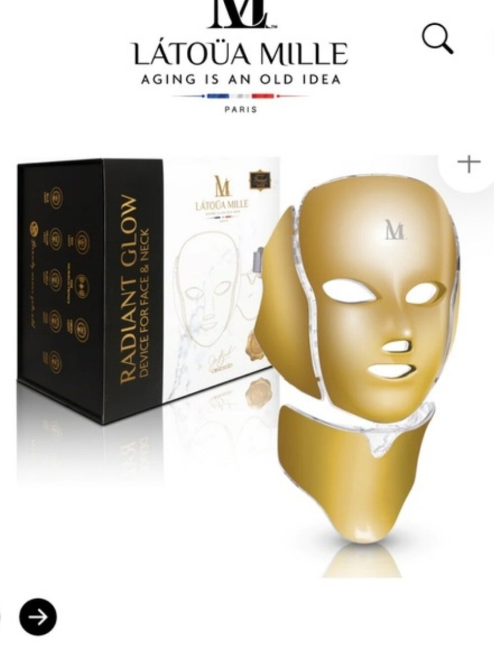 LATOÜA MILLE Radiant Glow LED Face & Neck Mask Gold Color New In Box